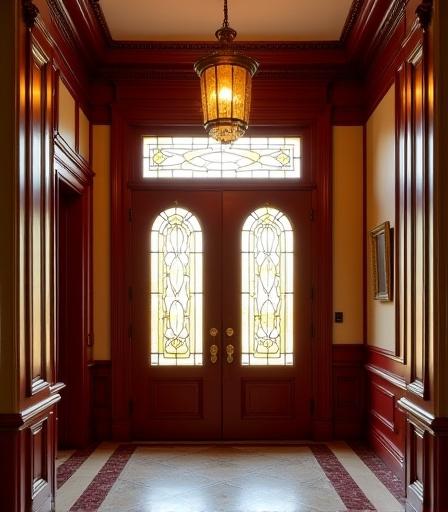 Restored Victorian entryway with ornate wood carvings