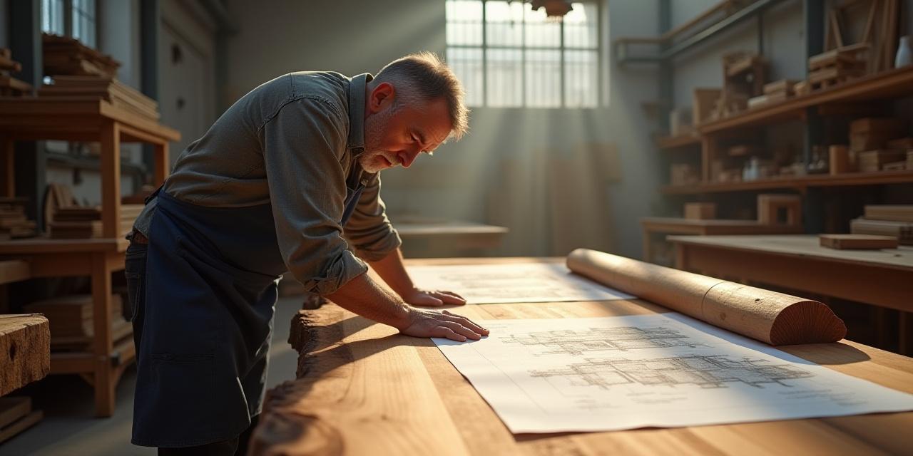 A master woodworker discussing blueprints over a slab of raw walnut wood