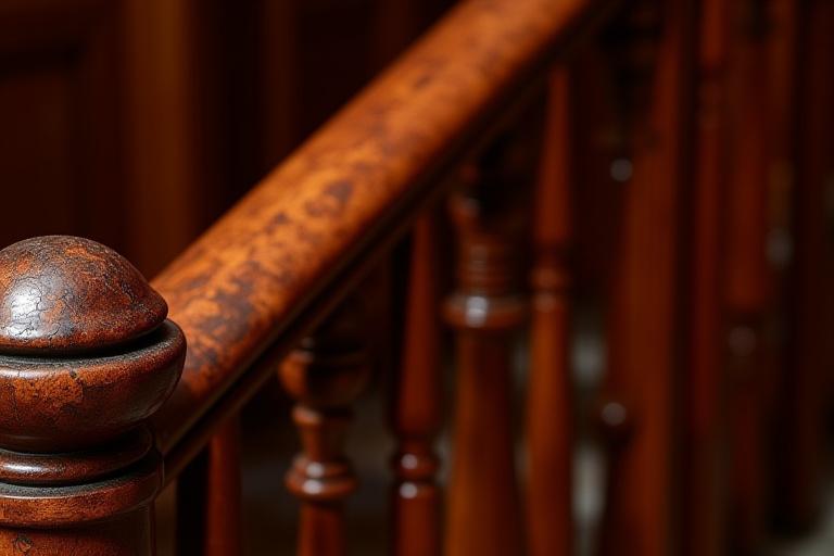 Close up of restored mahogany staircase balustrade