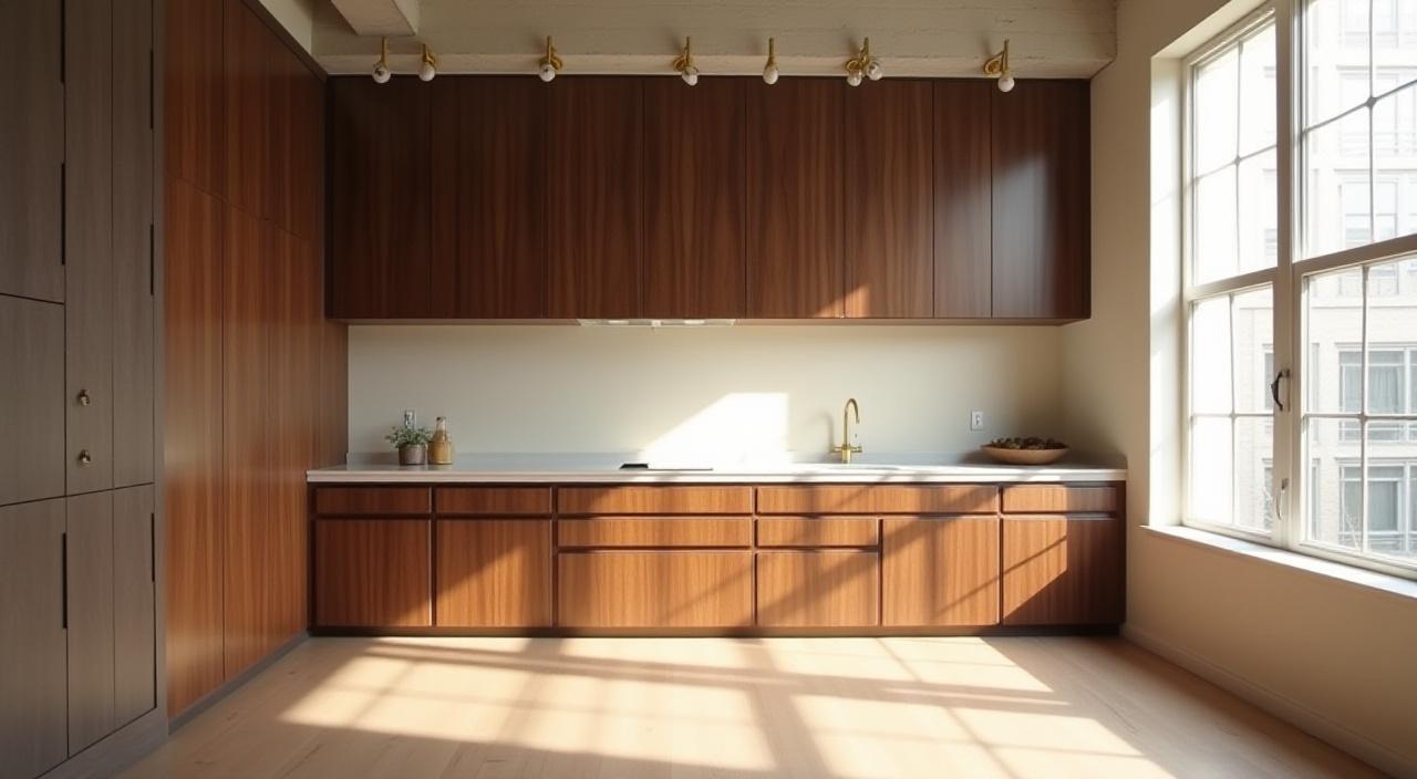 Luxury walnut cabinetry installation in a sun-drenched New York loft space