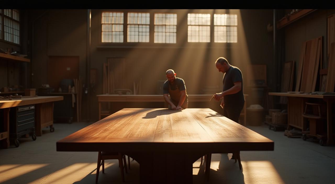 A master woodworker finishing an intricate walnut table in a bright studio
