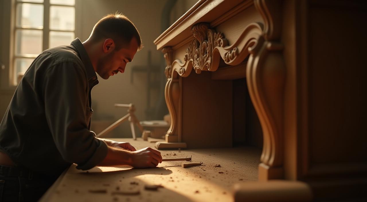 Artisan working on a delicate wood carving restoration